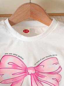 女童可爱蝴蝶结印花圆领上衣 + 时尚蝴蝶结刺绣裙裤 2 件套