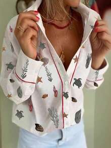 Áo sơ mi nữ dáng rộng, cổ đứng, chất liệu vải dệt họa tiết, in hình trái tim, ngôi sao và chim ngẫu nhiên, viền đỏ, màu trắng, thích hợp cho mùa xuân. - trắng - Xem 3