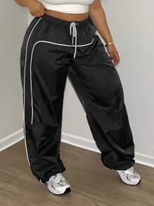 LovelyWholesale Pantaloni larghi da donna di moda, semplici e versatili, con vita elastica e coulisse, a righe in patchwork, gamba dritta, orlo regolabile, adatti per l'autunno e l'inverno