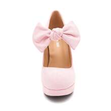 Women's Bow Heel Pumps Platform Chunky High Heeled Wedding Dress Shoes - Da lộn màu hồng - Xem 6