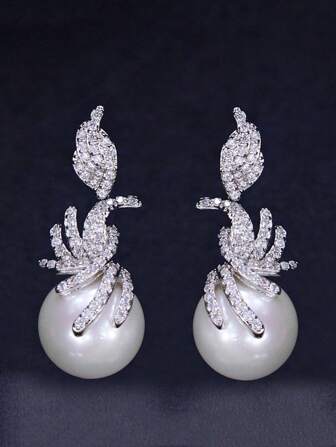 1 对镀银 CZ 珍珠吊坠耳环，方晶锆石 925 纯银耳钉，适合新娘、婚礼/订婚/宴会/派对礼物，适合伴娘、圣诞礼物