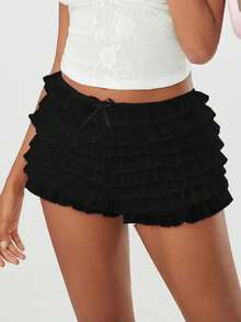 Women's Summer Ruffled Frilly Shorts, Multi-Layer Mesh Short Pants Sweet Cute Bloomers For Daily Streetwear - Black - View 2