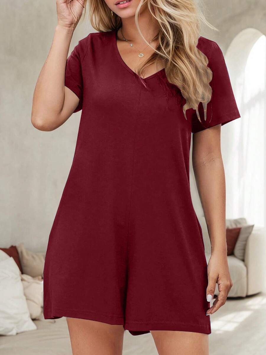 tooluck Women's Summer Casual Rompers Short Sleeve V Neck Loose Fit Jumpsuit 2025 One Piece Jumps - Burgundy - View 1