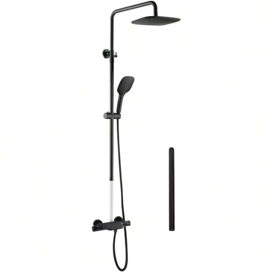 PHASAT Duschsystem Schwarz Thermostat Duscharmatur Duschset Regendusche mit 3 Funktion Handbrause und Überkopfbrause SB05D - Schwarz (schwarz) C - Übersicht 1