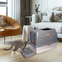 Caja de Arena para Gatos de Acero Inoxidable, Arenero Gatos XXL con Pala, Extraíble Inodoro Cerrado en Forma de U, Antioxidante Cagadero WC Indoro con Cernidor 60x40x40.5cm