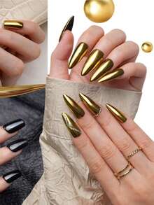 1 Set Gold Chrome Mirror Nail Powder, Metallic Gold Glitter Nail Art Pigment Powder, Includes 1 Eyeshadow Stick And Powder - Gold - View 7