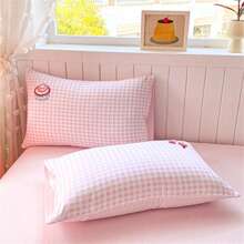 4Pcs, Gingham Bedding Set With Cute Cartoon Embroidery – Stylish Bedroom Decor For Global Shop