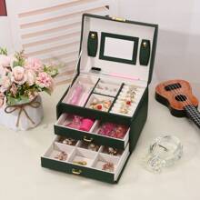 1pc Luxury Leather 3-Drawer Jewelry Box, Travel Carrying Jewelry Organizer For Earrings, Necklaces & Other Accessories With Lock