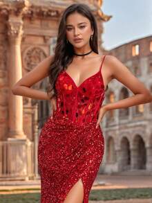 Vestidos largos de fiesta de estilo sirena con abertura alta, de lujo, con cristal de vidrio, con tirantes finos y espalda cruzada, vestido de fiesta formal elegante para invitados de boda - Burdeos - Ver 10