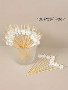 100pcs Sweet Daisy Theme Disposable Food Picks Flower Dessert Fruit Forks - Wooden Toothpick Sticks, Perfect For Drinks, Desserts, Appetizers, Fruit & Dessert Decorations, Party, Wedding, White Faux Pearl Mini Food Picks For Decoration, Kitchen, Summer Parties - Durable, Fun Drink Accessories - Multicolor - View 1
