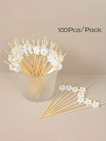 100pcs Sweet Daisy Theme Disposable Food Picks Flower Dessert Fruit Forks - Wooden Toothpick Sticks, Perfect For Drinks, Desserts, Appetizers, Fruit & Dessert Decorations, Party, Wedding, White Faux Pearl Mini Food Picks For Decoration, Kitchen, Summer Parties - Durable, Fun Drink Accessories