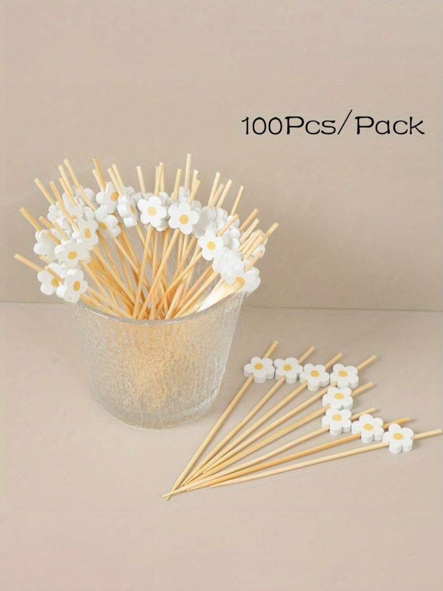 100pcs Sweet Daisy Theme Disposable Food Picks Flower Dessert Fruit Forks - Wooden Toothpick Sticks, Perfect For Drinks, Desserts, Appetizers, Fruit & Dessert Decorations, Party, Wedding, White Faux Pearl Mini Food Picks For Decoration, Kitchen, Summer Parties - Durable, Fun Drink Accessories - Multicolor - View 1