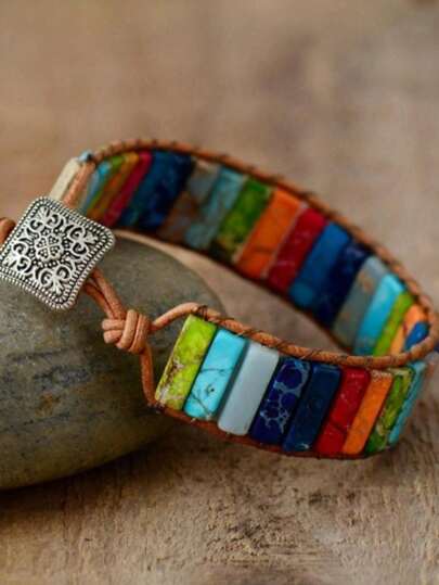 1 pezzo Bracciale da uomo in stile vintage boho realizzato a mano con pietre, gioielleria bohémien colorata artificiale, ideale per uso quotidiano e regalo di Natale, accessorio adatto per ogni stagione