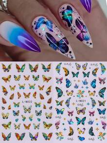 8片彩色激光蝴蝶美甲贴纸，夏季设计，3D美甲贴花，自粘式DIY滑块，适用于亚克力美甲装饰，美甲配件，美甲用品 - 彩色 - 查看 3