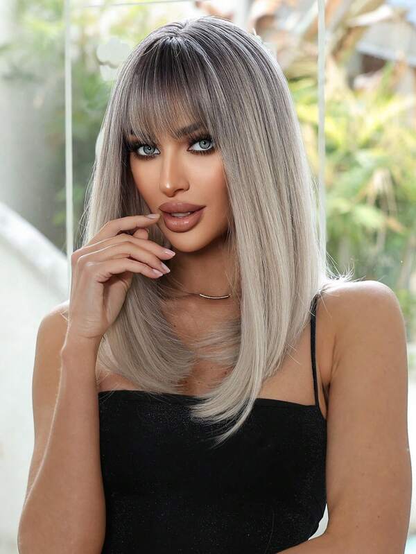 Peruca de 14 polegadas, Peruca de Cabelo Sintético com Gradiente Rosa para Mulheres, Cabelo Médio Liso com Franja, Adequada para Uso Diário, Festa, Festa, Férias, Natural, Elegante, Romântica, Sexy, Simples