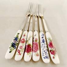 6/12件陶瓷柄不锈钢餐具套装，包含咖啡勺、冰淇淋/甜点勺、沙拉叉、创意花卉图案调味勺、下午茶餐具、厨房用品、学校用品