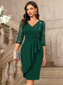 MIUSOL Woman's Elegant V-Neck Sequin Floral Lace Midi Dress, Ruched Waist, Contrast Ruffle Trim Wrap Hem 3/4 Sleeve Cocktail Party Fitted Dress, For Wedding - 墨綠色 - 查看 1