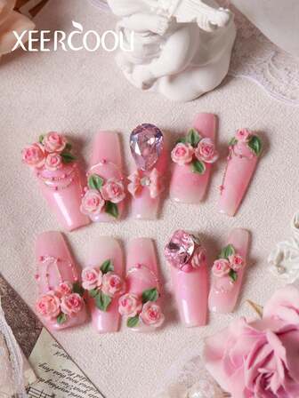 10pcs Back To School Nails Press On Hand Drawn Flowers Heavy Industry Pink Carving Drip Glue Butterfly Cute Nails Long Nails Press On Nails Set Includes 1sheet Adhesive Tabs &1 Pc Mini File