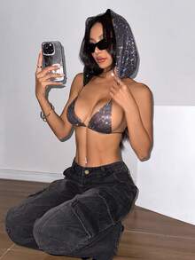 1pc Women's Rhinestoned Sexy Open Back Halter Neck Top For Party - Black - View 5