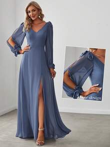 Fall Winer Split Long Sleeve Split Thigh Chiffon Dusty Blue Bridesmaid Dress For Wedding Formal Dresses - Dusty Blue - View 7