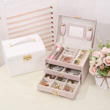 1pc Luxury Leather 3-Drawer Jewelry Box, Travel Carrying Jewelry Organizer For Earrings, Necklaces & Other Accessories With Lock