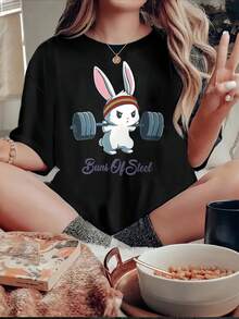 Playera informal de verano para mujer con estampado de conejo divertido mexicano, cuello redondo y mangas cortas, 100 % algodón, 220 g de algodón grueso - Negro - Ver 1