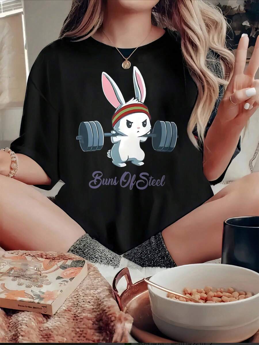 Playera informal de verano para mujer con estampado de conejo divertido mexicano, cuello redondo y mangas cortas, 100 % algodón, 220 g de algodón grueso - Negro - Ver 1