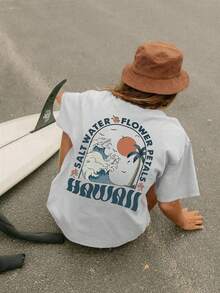 Spring And Summer Women's Graphic White Tees, Beach Country Vacation Palm Tree Wave Sun Printed Girls Fashion T-Shirt, Summer Outdoor Necessities Personalized Clothing, Show Your Elegant Multi-Functional Clothing Everyday Wear, Short-Sleeved Round Neck Casual Top