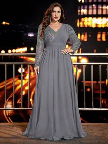 Contrast Sequin Chiffon V-Neck A-Line Long Sleeve Plus Size Formal Evening Gown, Party Dress, Wedding Guest Dress, Evening Dress - Grey - View 2