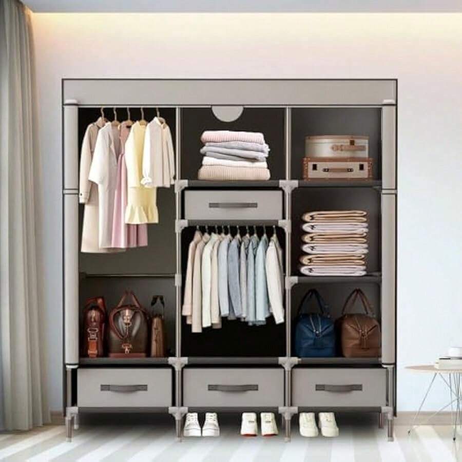 Temopow 2methods Portable Canvas Wardrobe With 4Drawers 19mm Sturdy Wardrobe With Reasonable Storage Space 125x45x170cm - Grey1 - View 1