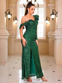Romagic Women's Asymmetrical Neck Long Sleeve Ruffles Long Prom Gown Elegant Sequin Sexy Split Bodycon Evening Party Dress, Wedding Guest Dress, Formal Dress - Green - View 6
