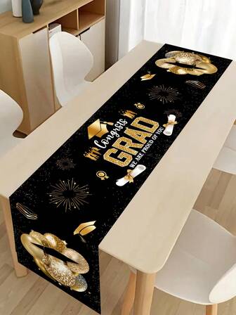 1 件黑色和金色毕业桌旗，35*180 厘米涤纶 2025 届毕业派对桌布，用于庆祝桌饰、毕业桌布、毕业派对用品、毕业主题桌旗，用于派对礼品、摄影道具