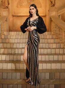 Black Sequin Deep V-Neck Puff Sleeves Slit Prom Dress