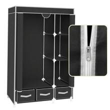 Large Fabric Canvas Wardrobe With Hanging Rail Shelving Clothes Storage Cupboard - Black-2 - View 3