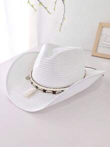 Cappello di paglia bohémien unisex, nuovo Panama intrecciato, stile cowboy o cavaliere, cappello da spiaggia per protezione solare per vacanze primaverili/estive - Multicolore - Visualizzare 4