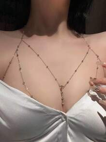 Two Pieces Sexy Rhinestone Chain Decorated Body Jewelry For Women, Fresh And Sweet Chest Chain With Personalized Tassel And Rhinestone Pendant, Sexy Women Steel Body Chain Collarbone Chain, For Rave