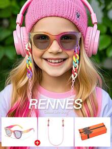 1pc Girls 8-14Y Acrylic Casual Street Style Eyeglasses With 1pc Colorful Circle Charm Glasses Chain, Fashionable Look For Spring And Holiday Vibe - Multicolor - View 2