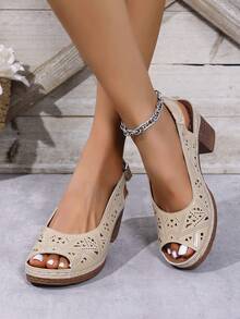 Fashionable & Versatile Breathable Peep-Toe Strap High Heel Sandals, Comfortable Laser Print Design, Suitable For Summer - Apricot - View 4