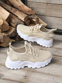 Thick Sole Beige Casual Sports Shoes, Round Toe Lace-Up Knitted Mesh Breathable Flat Light Weight Running Sneakers, All Season