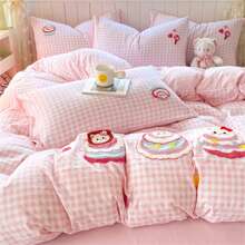 4Pcs, Gingham Bedding Set With Cute Cartoon Embroidery – Stylish Bedroom Decor For Global Shop