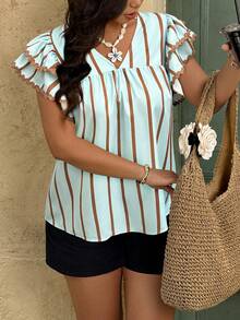 Plus Size Women's Ribbon Patchwork Striped Cap Sleeve Blouse - Multicolor - View 1