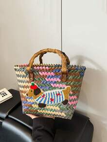 2025 New Cute Dachshund Woven Vegetable Storage Basket, Random Color & Position, Suitable For Work Commuting Bag, Vintage Wicker Handbag - Multicolor - View 6