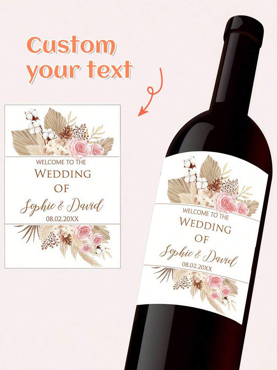 30pcs, Custom Pampas-Grass-Design Wine Bottle Wrap Sticker, Customized Labels, Personalized Baptism Birthday Label - Multicolor - View 1