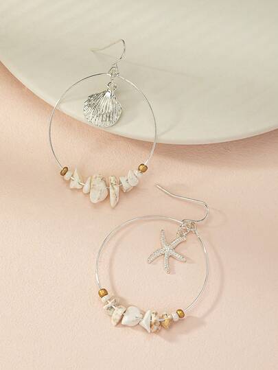 1 par de pendientes con colgante de estrella de mar de estilo bohemio y piedra natural