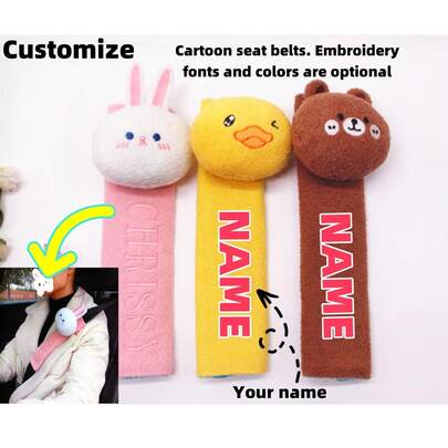 Cubiertas bordadas adorables de estilo de dibujos animados para el cinturón de seguridad, personalizables, con diseños adorables de conejo, pato, oso, gato, perro y talla grande, de apariencia esponjosa para un interior de coche encantador. Admiten bordado personalizado de texto y color