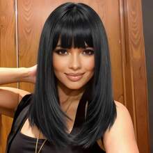 适合女孩的空气刘海分层发型假发，14 英寸齐肩直发，适合女性，适合初学者的自然合成假发，采用优质合成纤维升级，适合日常使用，情人节、礼物、角色扮演。基础款，混合棕色、黑色 - 彩色 - 查看 11