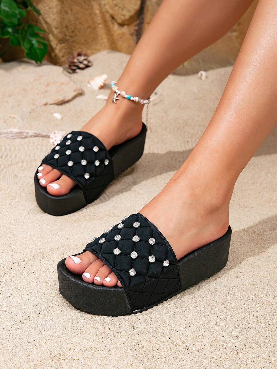 Summer New Arrival Women's Fashionable Rhinestone & Rhombus Pattern Black Thick-Soled Height Increasing Comfortable Outdoor Slippers