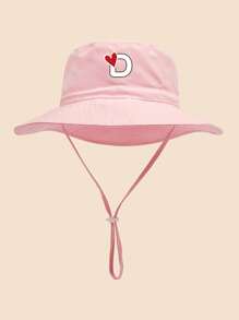 1 pezzo Cappello da sole per bambini con stampa a cuori e lettere, con cordino regolabile antivento, stile casual, cappello secchiello per neonati, adatto per attività all'aperto, spiaggia, protezione dal sole