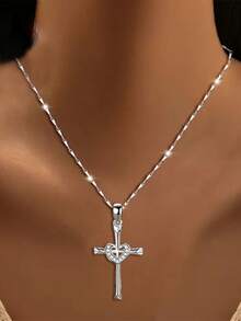 1pc 925 Sterling Silver Zirconia Heart Cross Pendant Necklace, Personalized Cross Heart Shaped Clavicle Chain Jewelry Gift For Women - Cross - View 10