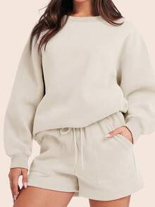 Women's Terry Sweat Shorts Bermuda Loose Elastic Waist With Pockets Comfortable Warm - 米色 - 查看 1